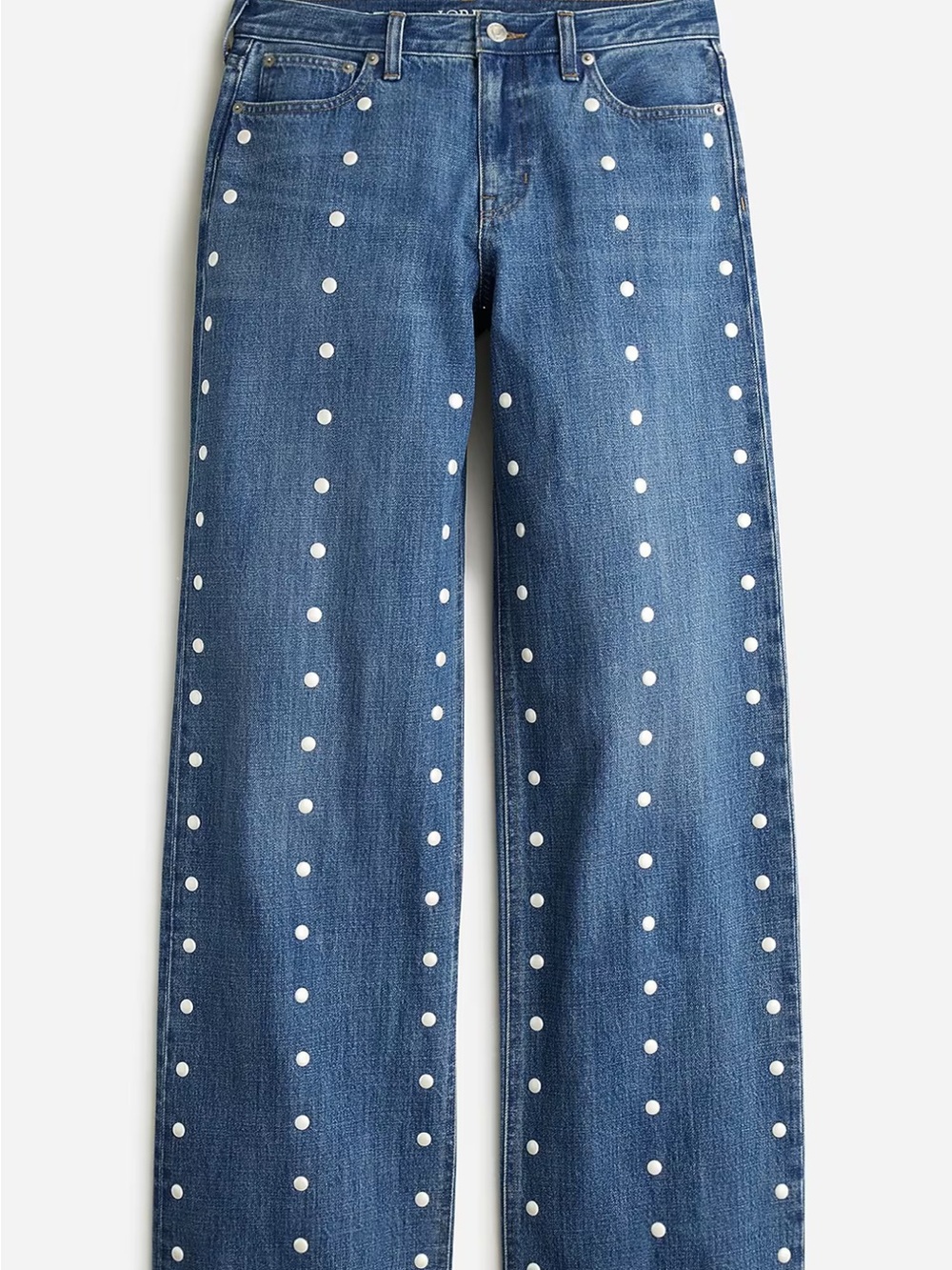 J. Crew Dark Blue Wide-Leg Jeans with White Pearl Studs